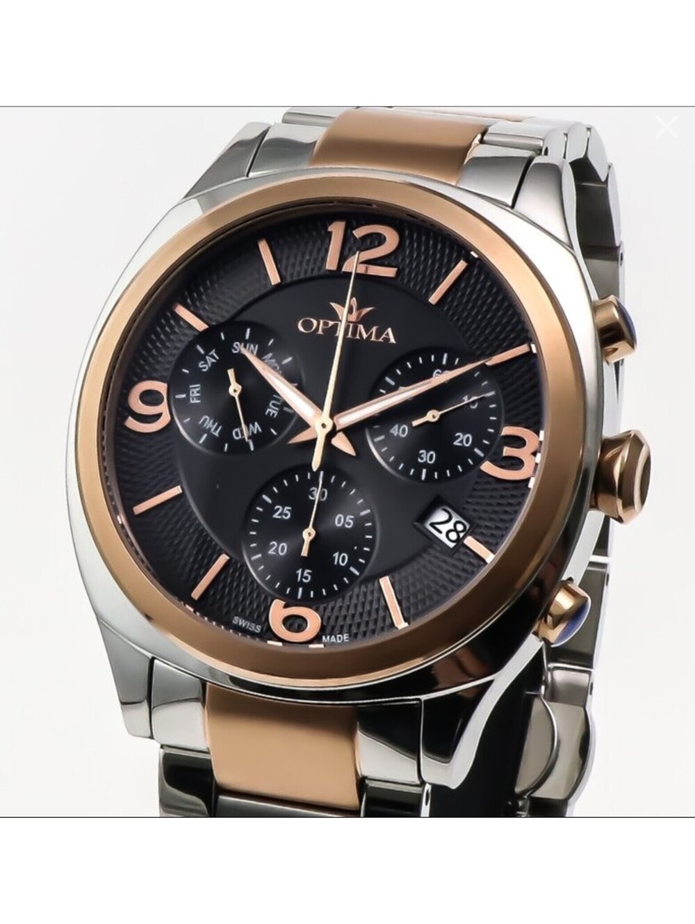 Optima Swiss Chronograph Watch 44mm Quartz PVD Rose Gold 50M